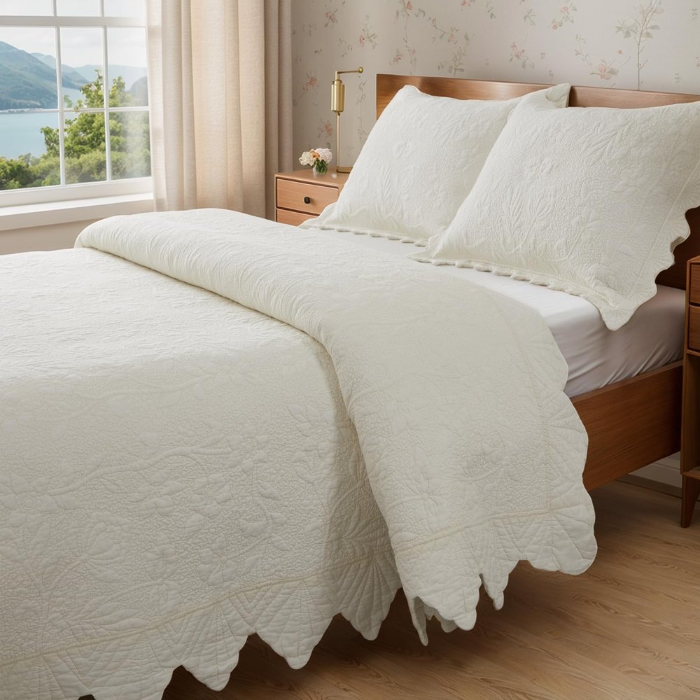 Brandream Cream Yellow White Quilt Set Twin Size Cotton Bedspreads Matelasse Coverlet Set Farmhouse Scalloped Quilt Set 2-Piece Twin/Twin XL