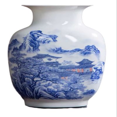 AMITVA Blue and White Chinoiserie VasesDecorative Bud Vases for Living Room, Bookshelf, Mantle Fireplace, Centerpieces-D:23 * 14 cm