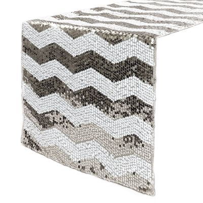 14 x 108 Inch Chevron Sequin Table Runners for Weddings and Parties (White and Silver)