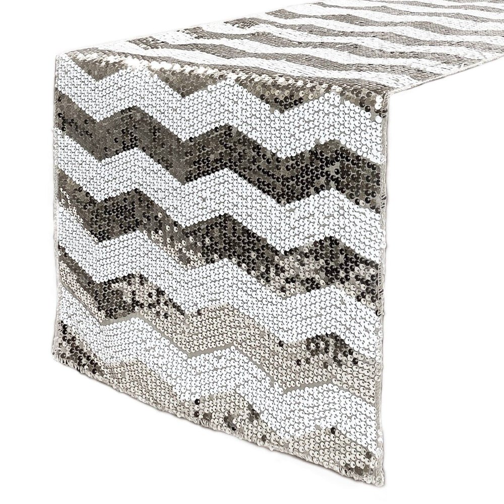 14 x 108 Inch Chevron Sequin Table Runners for Weddings and Parties (White and Silver)