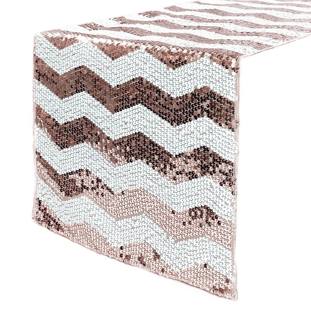 14 x 108 Inch Chevron Sequin Table Runners for Weddings and Parties (White and Blush)