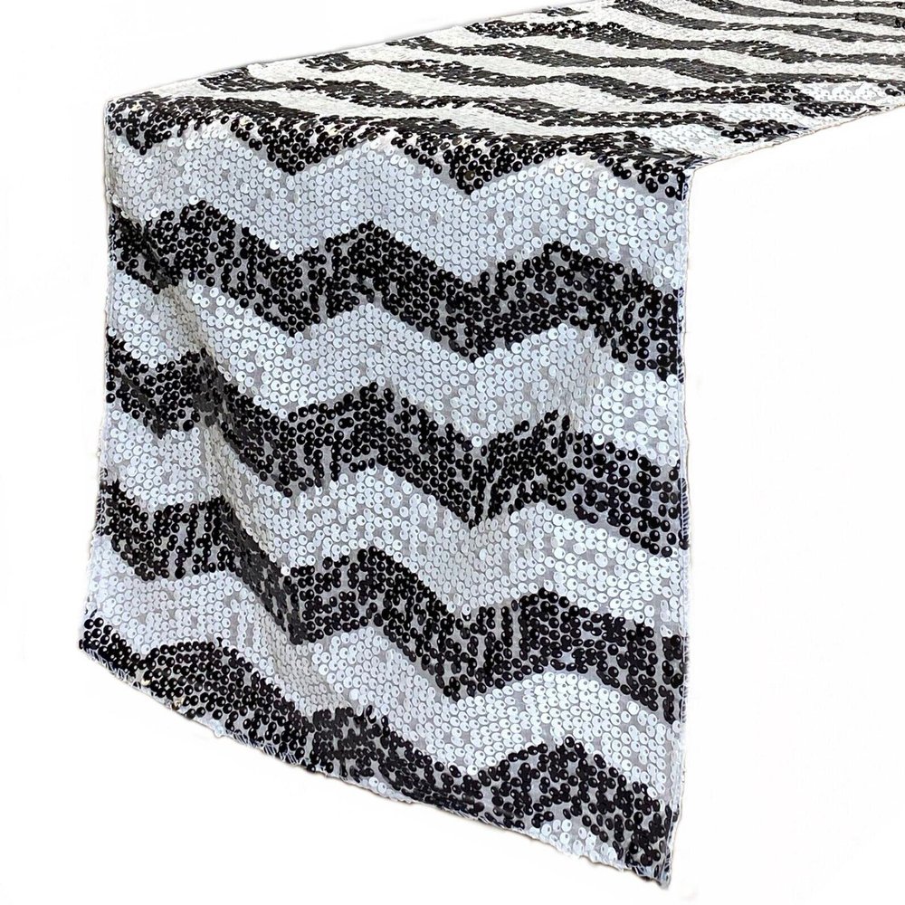 14 x 108 Inch Chevron Sequin Table Runners for Weddings and Parties (White and Black)