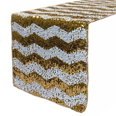 14 x 108 Inch Chevron Sequin Table Runners for Weddings and Parties (White and Gold)
