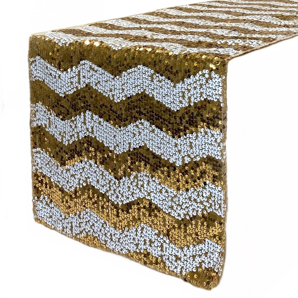 14 x 108 Inch Chevron Sequin Table Runners for Weddings and Parties (White and Gold)