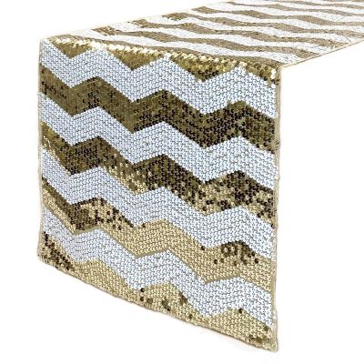14 x 108 Inch Chevron Sequin Table Runners for Weddings and Parties (White and Champagne)