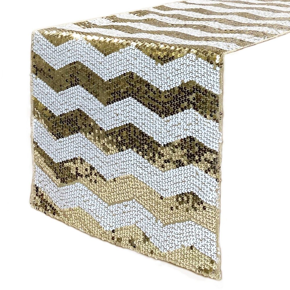14 x 108 Inch Chevron Sequin Table Runners for Weddings and Parties (White and Champagne)