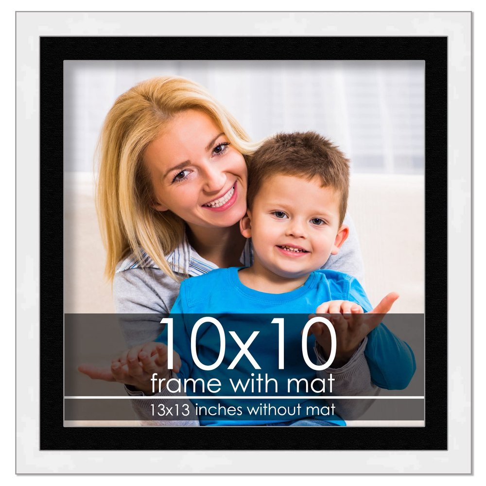 10x10 Frame with Mat - White 13x13 Frame Wood Made to Display Print or Poster Measuring 10 x 10 Inches with Black Photo Mat