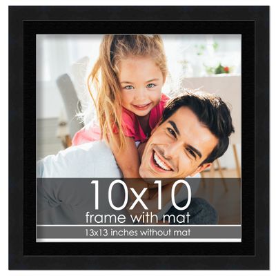 10x10 Frame with Mat - Black 13x13 Frame Wood Made to Display Print or Poster Measuring 10 x 10 Inches with Black Photo Mat