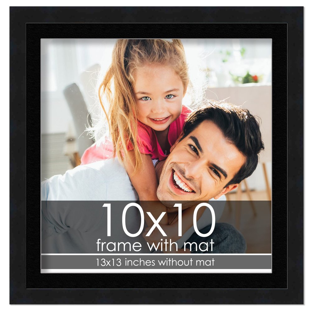 10x10 Frame with Mat - Black 13x13 Frame Wood Made to Display Print or Poster Measuring 10 x 10 Inches with Black Photo Mat