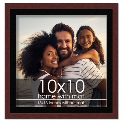 10x10 Frame with Mat - Brown 13x13 Frame Wood Made to Display Print or Poster Measuring 10 x 10 Inches with Black Photo Mat