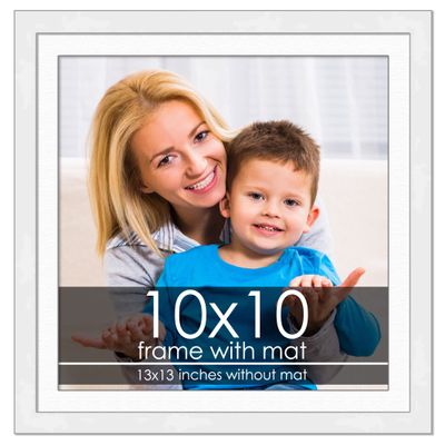 10x10 Frame with Mat - White 13x13 Frame Wood Made to Display Print or Poster Measuring 10 x 10 Inches with White Photo Mat