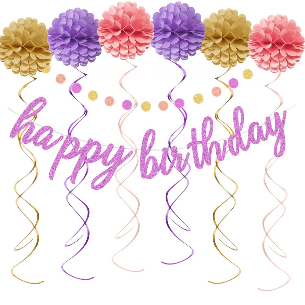 Aonor Happy Birthday Decorations - Purple Happy Birthday Banner Sign, Pom Poms Flowers, Glittery Circle Dots Garland and Hanging Swirls for Girls Women Birthday Party Decorations