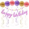 Aonor Happy Birthday Decorations - Purple Happy Birthday Banner Sign, Pom Poms Flowers, Glittery Circle Dots Garland and Hanging Swirls for Girls Women Birthday Party Decorations view 1