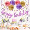 Aonor Happy Birthday Decorations - Purple Happy Birthday Banner Sign, Pom Poms Flowers, Glittery Circle Dots Garland and Hanging Swirls for Girls Women Birthday Party Decorations view 3