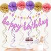 Aonor Happy Birthday Decorations - Purple Happy Birthday Banner Sign, Pom Poms Flowers, Glittery Circle Dots Garland and Hanging Swirls for Girls Women Birthday Party Decorations view 4