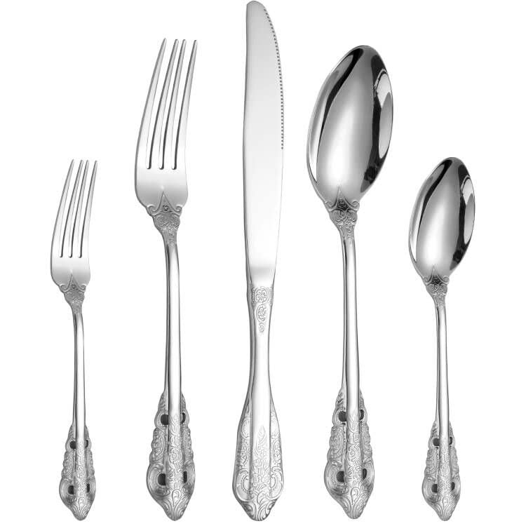 A  HOUSEWARE Antique Silverware Set for 8 Silvery Royal Flatware Stainless Steel 40 Pieces Eating Utensils Vintage Fork Knife Spoon Luxury Home Kitchen Restaurant Festival Parties