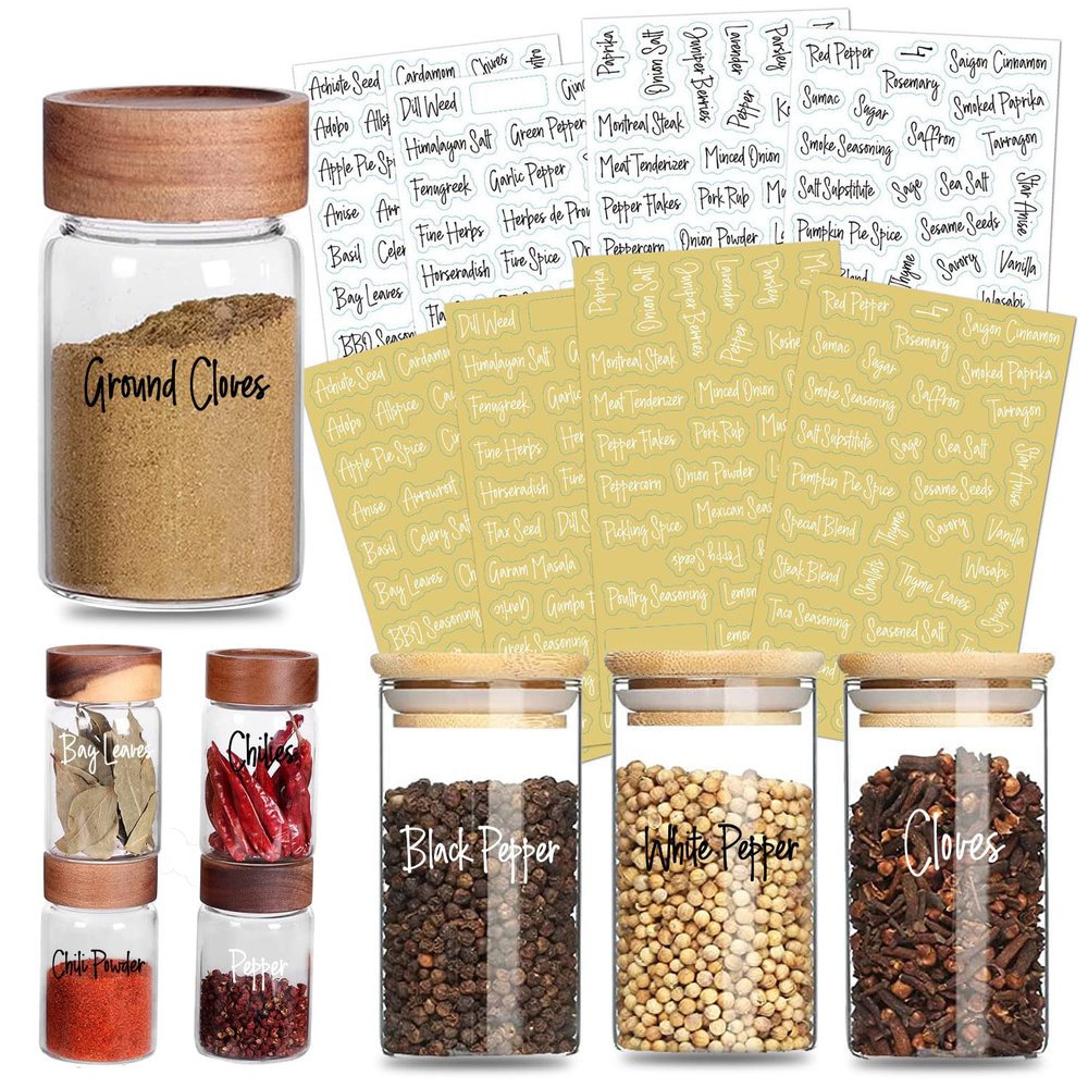 Spice Jar Labels Preprinted, Prefdo 276 Black & White Script Spice Combo Labels, Waterproof Vinyl Stickers for Pantry Herb and Spice Rack Organization