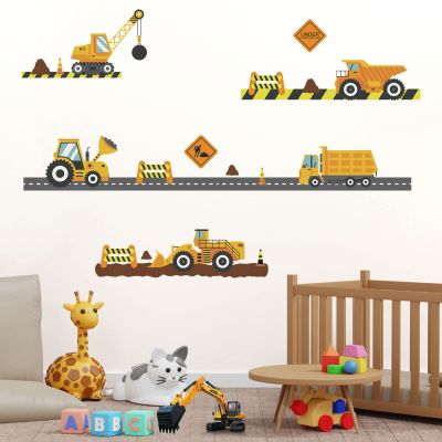 City Construction Vehicles Wall Decals Peel and Stick, Engineering Vehicles Tractor Excavator Crane Mud Tankers Trucks Wall Stickers, Removable Kids Wall Stickers for Boys Bedroom Playroom Decor