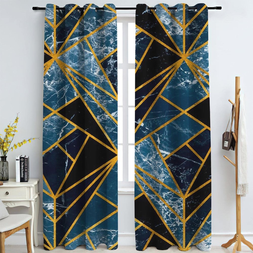 Modern Blue Marble Texture Blackout Curtains, Light Luxury Black Gold Geometric Stripe Art 3D Printed Eyelet Super Soft Darkening Curtains for Living Room Nursery Kids Girls Bedroom 52" W x 90" L