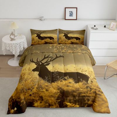 Deer Antler Bedding Sets King, Hunting Theme Comforter Set For Kids Boys, Vintage Wild Animals Quilted Duvet, Rural Stag Duvet Set, Western Deer Down Comforter Home Room Decor All Season, Brown
