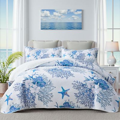 Coastal Bedding King Size Coastal Quilt with 2 Shams, Nautical Beach Comforter Sets Ocean Bedspreads Blue Starfish Coverlet Summer Bedding, 96''x106''