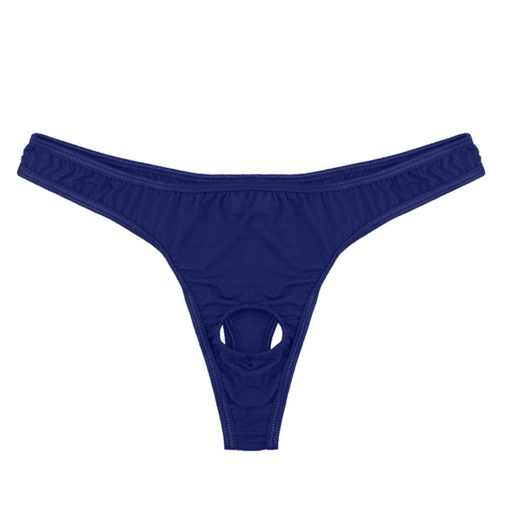YOLAI Mens Solid Color Lingerie Micro Thong Bikini Front Hole Underwear G-String Underpants (Navy, One Size)