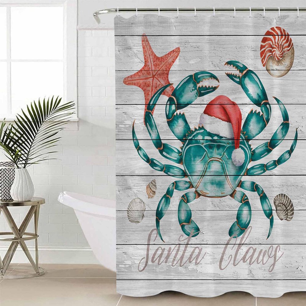 Christmas Crab Shower Curtain Set - 60" x 72" Washable Bathtub Curtain with 12 Hooks, Xmas Snata Claus Coastal Starfish Wood Waterproof Fabric Stall Shower Curtains for Bathroom/Bathtub Dcor