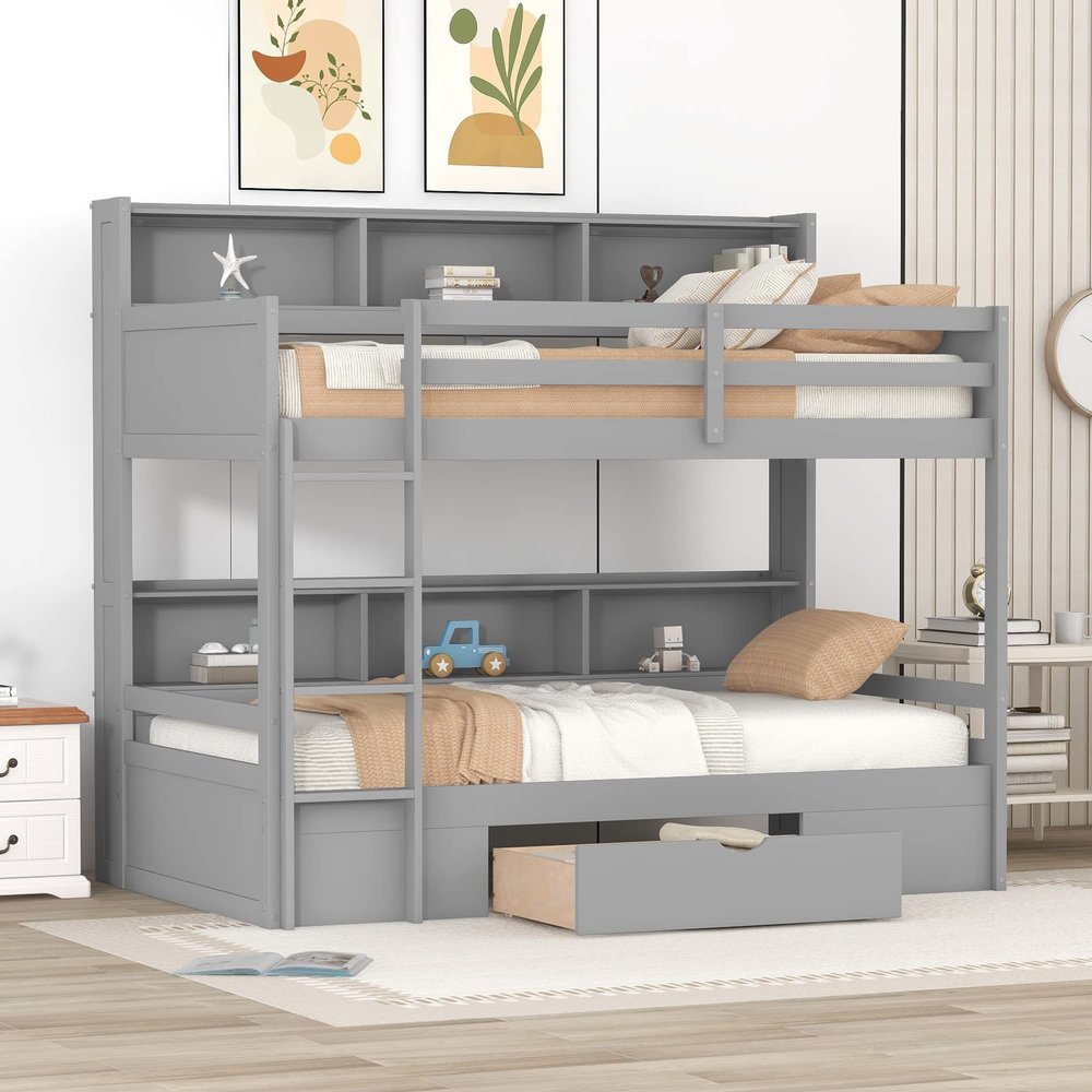 Modern Wooden Twin Size Bunk Bed Storage Drawer and Built-in Shelves Beside Both Upper,Safeguard Railings and Ladder,for Kids Boys Girls Teens Adults Bedroom (Gray@W)