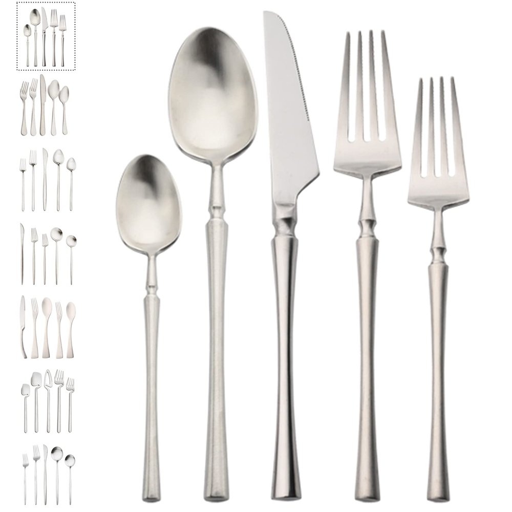 BRIIEC 18/8 304 Stainless Steel Matte Silver Flatware Silverware Set, 20pcs Satin Finish Cutlery Set for 4, Dishwasher Safe for Home Kitchen Restaurant - Small Waist Handle