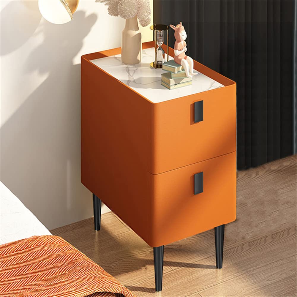 NIUYAO Nightstand Modern Solid Wood with 2-Drawer Storage Bedside Table Marble Top Practical End Side Table Bedroom Furniture -Orange/Black 16" L x 16" W x 20" H