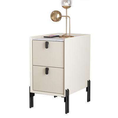 Mid-Century Narrow Side Table|Modern Bedside End Table with 2 Storage Drawers|Minimalist Sintered Stone Countertop Nightstand for Small Spaces,Off-White(B),40x35x55cm(15.7x13.7x21.6in)