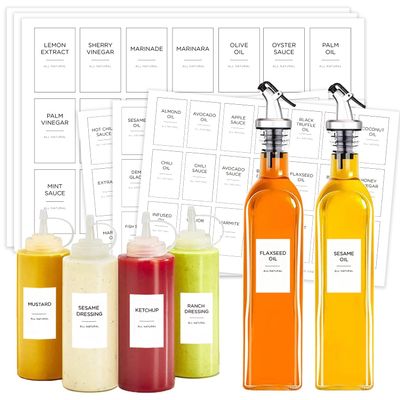 Oils, Vinegars and Condiments Labels for Bottles, Prefdo 126 PCS Minimalist Water & Oil Resistant Oil Dispenser Label Stickers Preprinted for Kitchen Pantry Organization