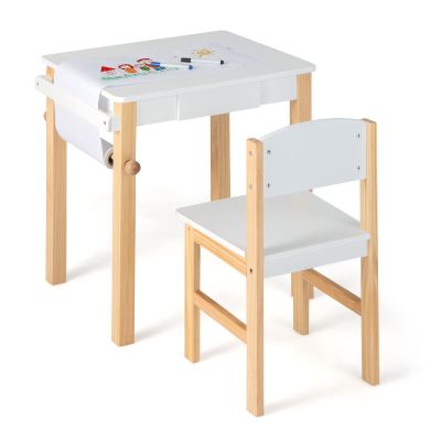 Costzon Kids Table and Chair Set, Toddler Art Table with Paper Roll, Drawer, 2 Marker Pens, Wooden Activity Table, Suitable for Playroom, Nursery, Gift for Boys Girls