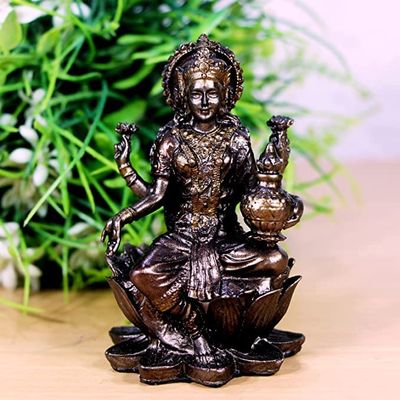 Aakrati Devyom Bronze Laxmi MATA Blessing Sitting on Lotus with Kalash & Bronze Statue for Temple Puja Home Decor Murti Office Gift Item Showpiece Hight-8 cm