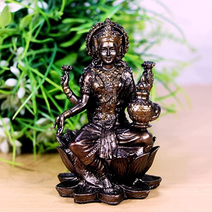 Aakrati Devyom Bronze Laxmi MATA Blessing Sitting on Lotus with Kalash & Bronze Statue for Temple Puja Home Decor Murti Office Gift Item Showpiece Hight-8 cm