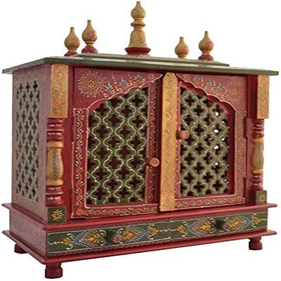 Aakrati Devyom Small Wooden Pooja Mandir Indian Hindu Decoration Puja Cabinet Temple Bhagwan Stand Mandapam Wall Hanging Decor for Home in USA (Red Green)