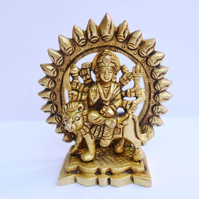 Aakrati Devyom Brass Religious Goddess MATA Idol Sculpture for Home Puja Mandir ~ Indian Temple Dcor Art Hindu Puja Durga Statue Sitting on Lion for Blessing Statue Antique (Durga 4.25" inch)