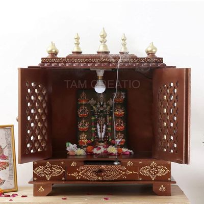 Aakrati Devyom Wooden Pooja Mandir Indian Hindu Decoration Puja Cabinet Temple Bhagwan Stand Mandapam Wall Hanging Decor for Home in USA (24x12x30 Inches), Brown
