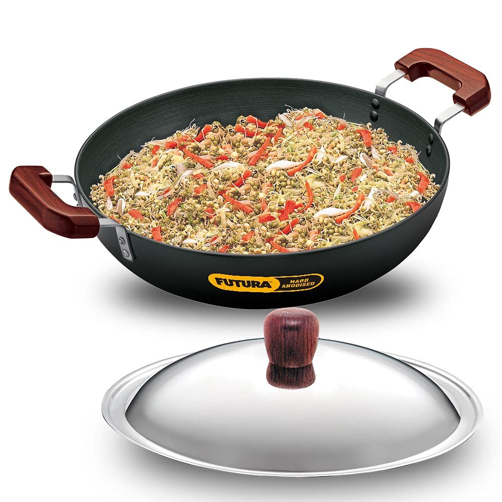 Aakrati Devyom Hard Anodised Deep-Fry Pan(Kadhai) 7-1/2-Litre with Steel Lid and Flat Bottom