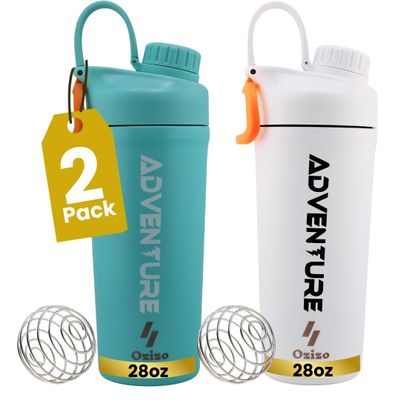 Ozizo 2 Pack Stainless Steel Shaker Bottle, Insulated Shaker Cup for Protein Mixes, 27.7 oz, White & Blue