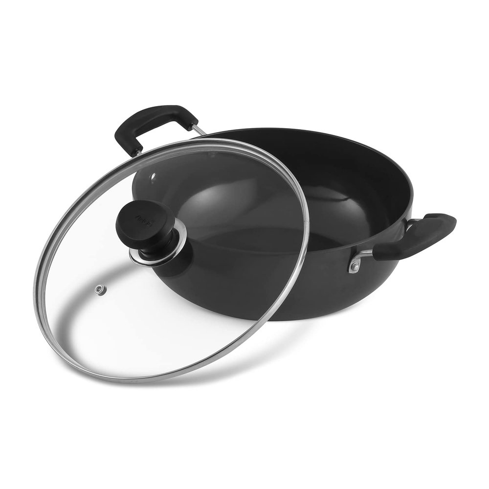 Aakrati Devyom Pearl Hard Anodised Kadai with Stainless Steel Lid, 7 L, Black