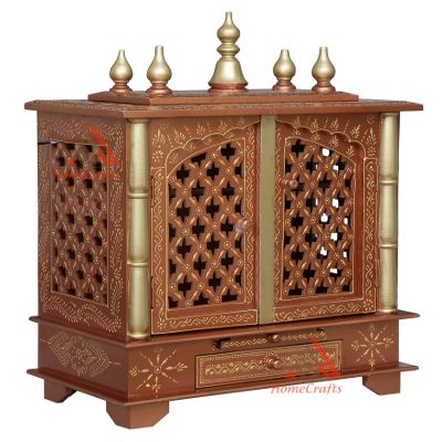Aakrati Devyom Handpainted Wooden Home Temple/Home mandir/god stand for home/pooja stand/home mandap/pooja mandir with Doors and (Color-Golden1) (in Side LED Lights) Medium Size- 18x12x24 Inch
