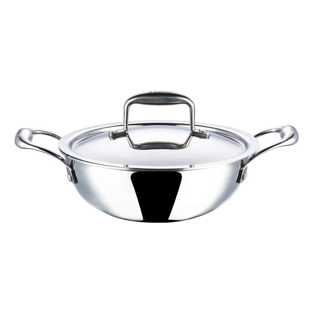 Aakrati Devyom Platinum Induction Stainless Steel Tri Ply Extra DEEP Kadai Wok Saucepan | Size :- 24cms Extra Deep Kadai with Stainless Steel Lid - 3.3 LTR