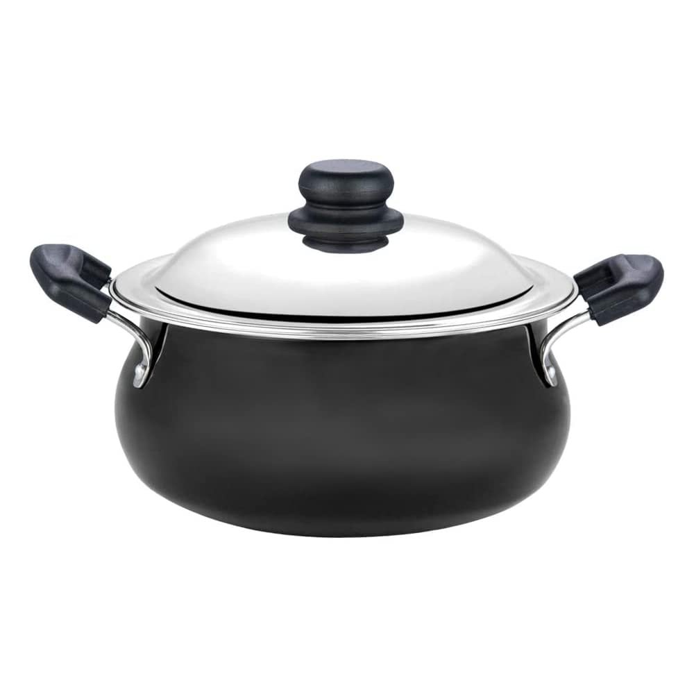Black Pearl Hard Anodised Handi Stainless Steel Lid Medium Size 5 Liters (5.2 Quarts) Suitable For Biryani, Pulao, Gravy Aluminum Pot - Metal Spoon Friendly 21 Cups