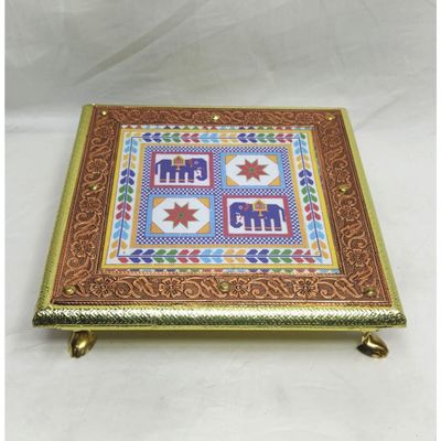 Aakrati Devyom India Cart Handmade Pooja Chowki Wooden Puja Bajot Brass Indian Stool Traditional Table Chaurang Home Decor For Prayers Temple Sitting 3 X 10 Inch Yellow With Brown