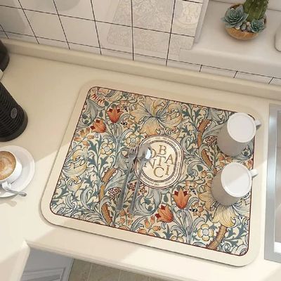 2023 New Fantasy Style Draining Mat - Vintage Plates Dish Drying Mat, Microfiber Absorbent Dish Draining Mat, Soft Diatom Mud Non-Slip Drain Pad Quick Dry Mat for Kitchen (#4, 19.7*23.6 Inch)