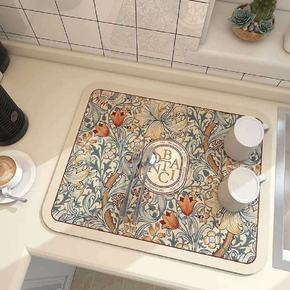 2023 New Fantasy Style Draining Mat - Vintage Plates Dish Drying Mat, Microfiber Absorbent Dish Draining Mat, Soft Diatom Mud Non-Slip Drain Pad Quick Dry Mat for Kitchen (#4, 19.7*23.6 Inch)