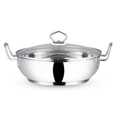 Aakrati Devyom Stainless Steel Induction Friendly Wok Frying Pan for All Hobs with Glass Lid (26cm | 3.7Ltr)