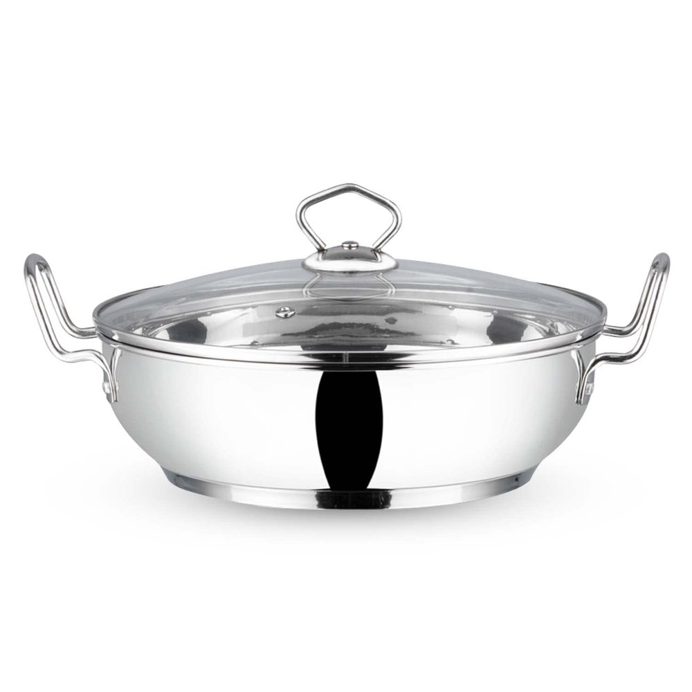 Aakrati Devyom Stainless Steel Induction Friendly Wok Frying Pan for All Hobs with Glass Lid (26cm | 3.7Ltr)