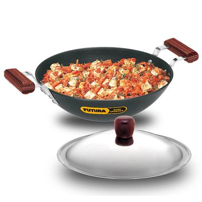 Aakrati Devyom IL26 Induction Compatible Hard Anodized Flat Bottom Deep Fry Pan/Kadhai with Stainless Steel Lid, 3.75 Liter